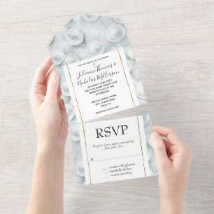 Tropical Blue White Pearls Wedding All In One Invitation