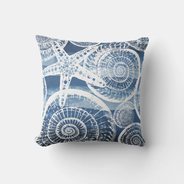 Tropical Blue White Starfish Sea Shells Outdoor Pillow (Front)
