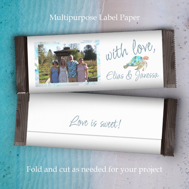 Tropical Blue, White Wedding Candy Bar Wrapper (white blue sea turtle wedding chocolate candy bar wrapper label paper personalized DIY budget favor)