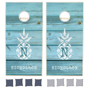 Tropical Blue Wood Whitewash Pineapple Monogram Cornhole Set