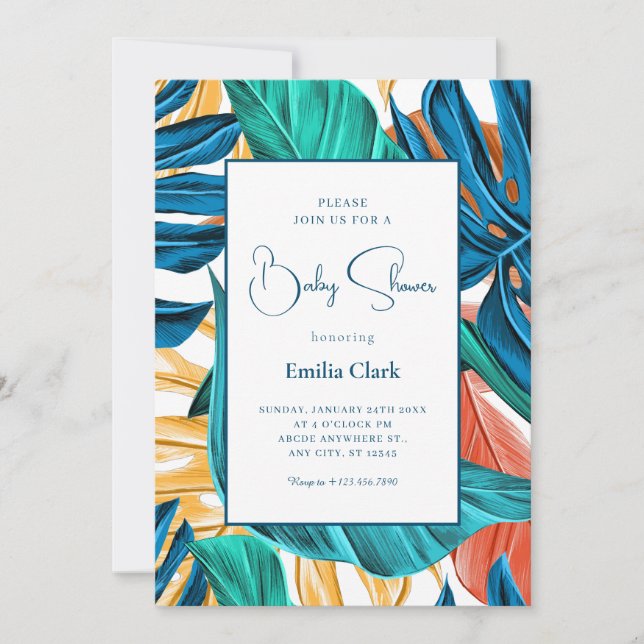 Tropical Blue yelllow leaves baby shower Invitation (Front)