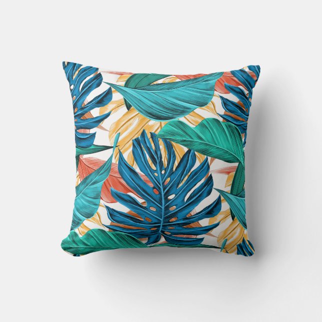 Tropical Blue yelllow leaves  Throw Pillow (Front)