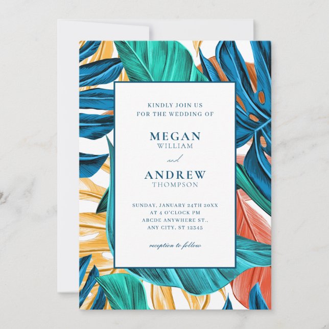 Tropical Blue yelllow leaves wedding Invitation (Front)