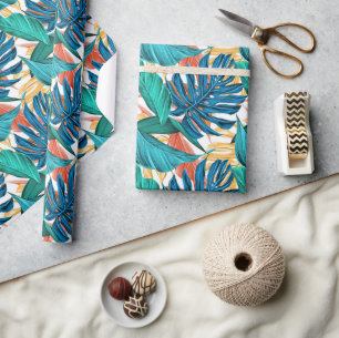 Tropical Blue yelllow leaves Wrapping Paper