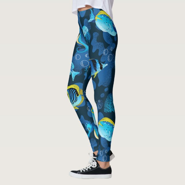 Tropical Blue Yellow Fish Illustration Leggings (Left)
