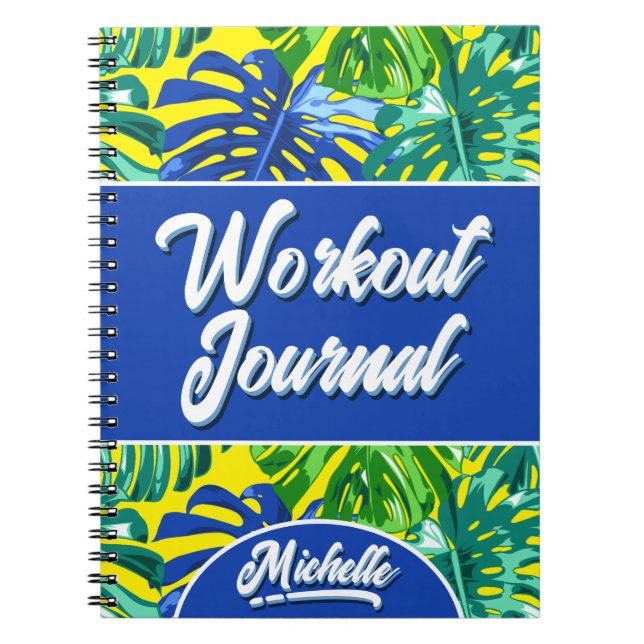 Tropical Blue Yellow Jungle Leaves Workout Notebook (Front)