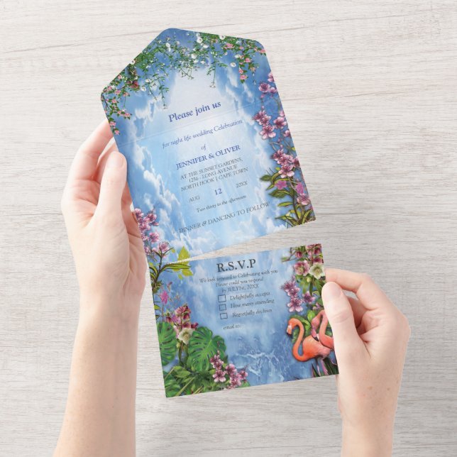 Tropical BlueMarble Flamingo All In One Invitation (Tearaway)