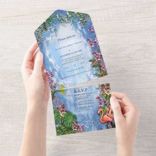 Tropical BlueMarble Flamingo All In One Invitation