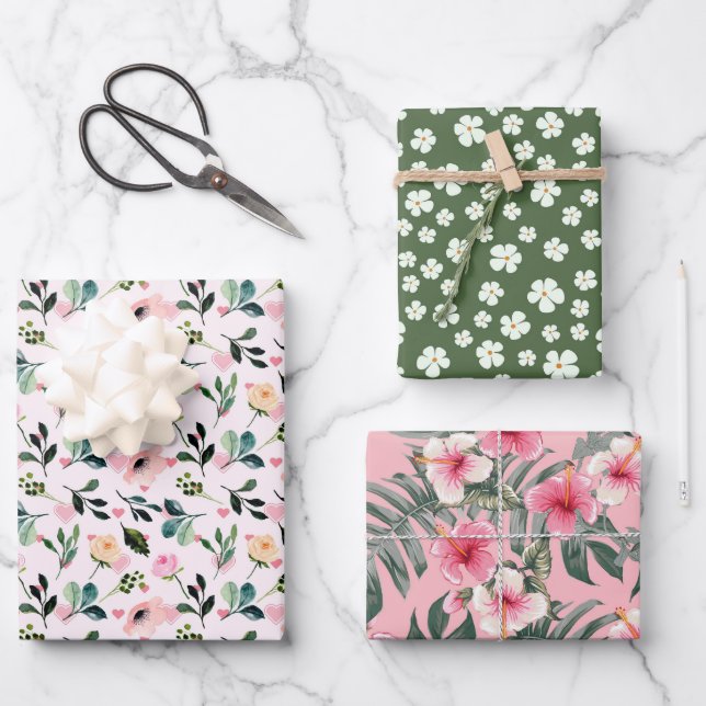 Tropical Blush Botanical 3 Wrapping Paper Sheets (Front)
