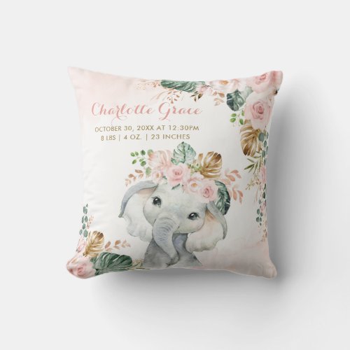 Tropical Blush Floral Elephant Baby Birth Stats Throw Pillow