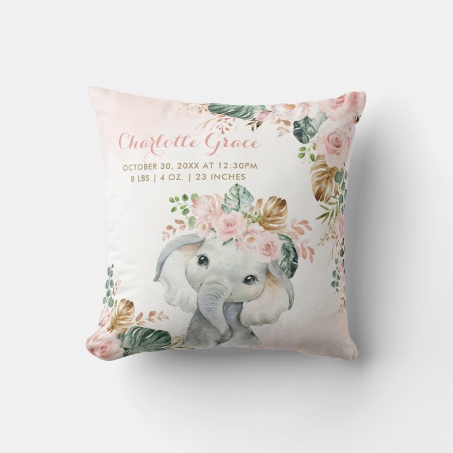 Tropical Blush Floral Elephant Baby Birth Stats Throw Pillow (Front)