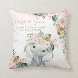 Tropical Blush Floral Elephant Baby Birth Stats Throw Pillow<br><div class="desc">Adorable jungle-themed cushion featuring a sweet baby elephant and elegant watercolor tropical greenery and flowers in blush and pink. Matching items available in our store!</div>