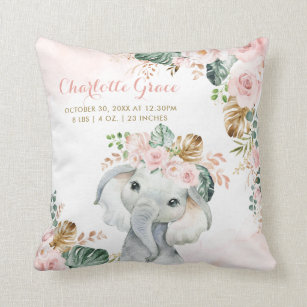 Tropical Blush Floral Elephant Baby Birth Stats Throw Pillow