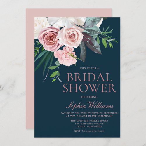 Tropical Blush Floral Modern Navy Bridal Shower Invitation