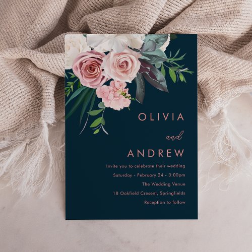 Tropical Blush Floral Modern Navy Wedding Invitation