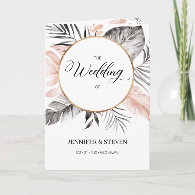 Tropical Blush Gray Leaves Wedding Folded Program (Front)