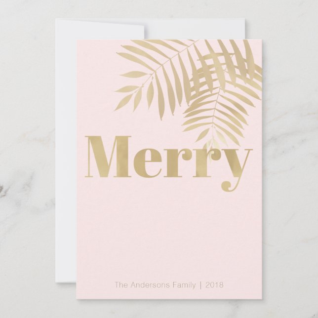 Tropical Blush Pink & Gold Merry Christmas Card (Front)
