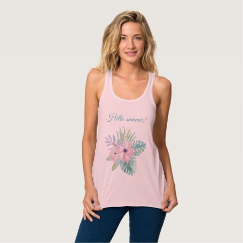 Tropical blush pink green floral summer typography tank top