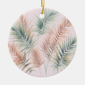Tropical Blush Pink Green Palm Leaves Ceramic Ornament