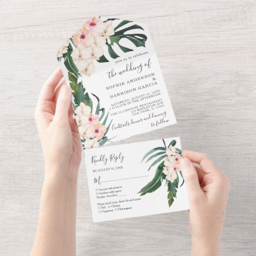 Tropical Blush Pink Orchid Watercolor Wedding All In One Invitation