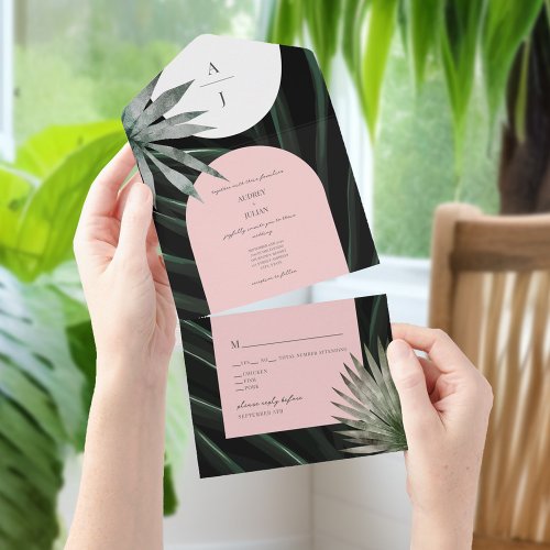 Tropical Blush Pink Palm Leaf Monogram Wedding All In One Invitation