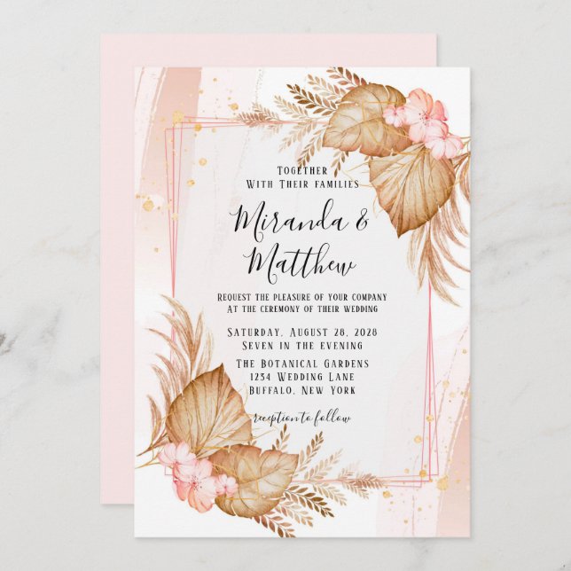 Tropical Blush Pink & Pampas Pink Wedding Invitation (Front/Back)