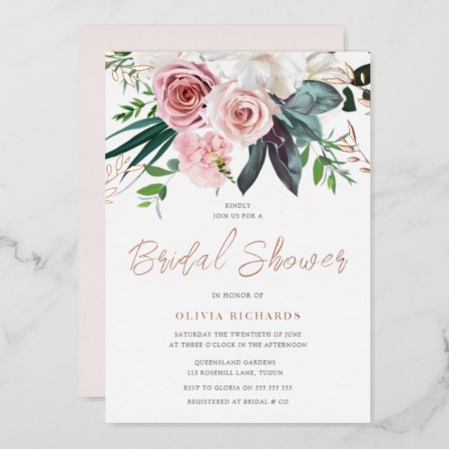 Tropical Blush Pink Roses Bridal Shower Rose Gold Foil Invitation