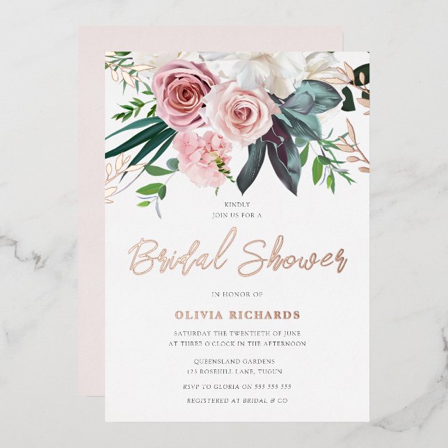 Tropical Blush Pink Roses Bridal Shower Rose Gold Foil Invitation (Front/Back)