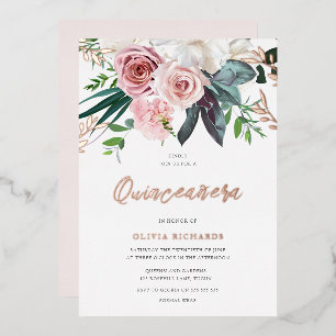Tropical Blush Pink Roses Quinceanera Party Foil Invitation