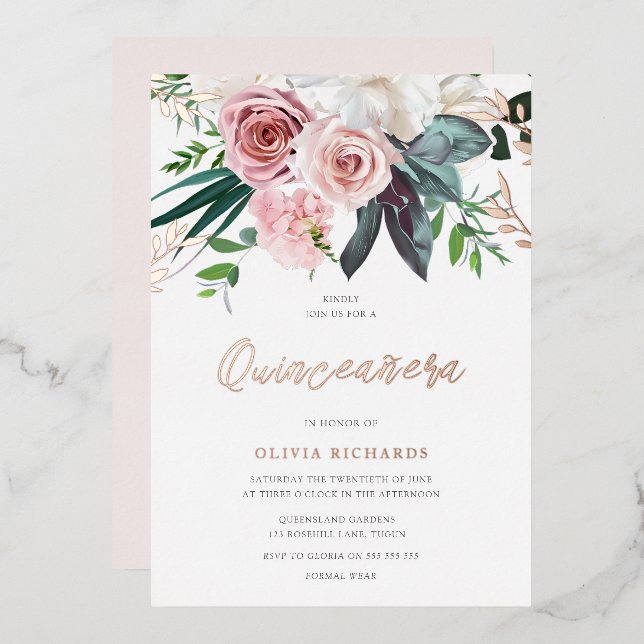Tropical Blush Pink Roses Quinceanera Party Foil Invitation (Front/Back)