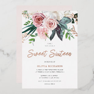 Tropical Blush Pink Roses Sweet 16 Party Foil Invitation