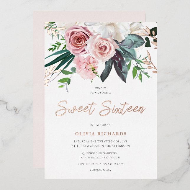 Tropical Blush Pink Roses Sweet 16 Party Foil Invitation (Front/Back)