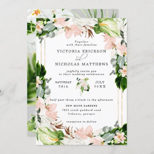 Tropical Blush Pink White Floral Greenery Wedding Invitation