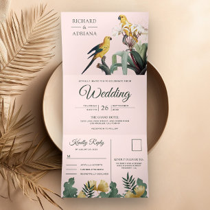 Tropical Blush Pink Yellow Parrot Couple Wedding Tri-Fold Invitation