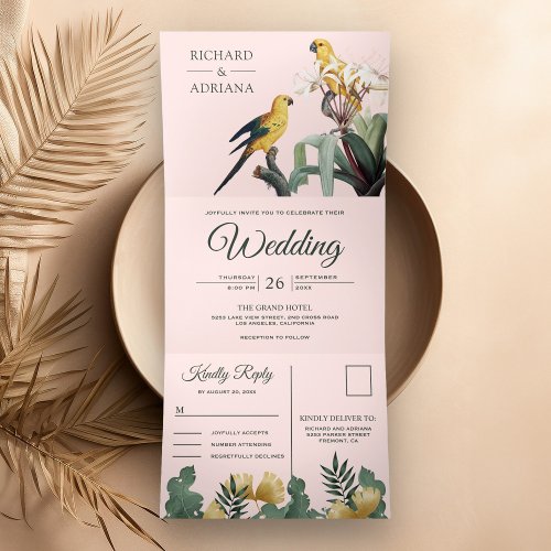 Tropical Blush Pink Yellow Parrot Couple Wedding Tri_Fold Invitation