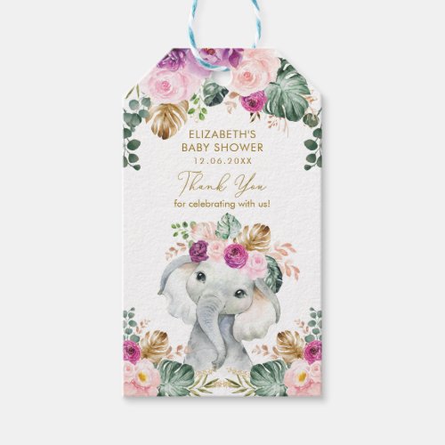 Tropical Blush Purple Floral Elephant Baby Shower Gift Tags