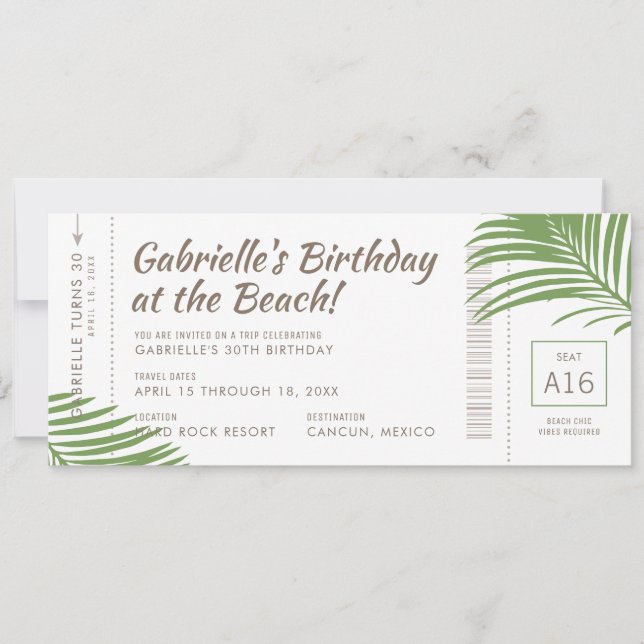 Tropical Boarding Pass Beach Birthday Trip Invitation (Front)