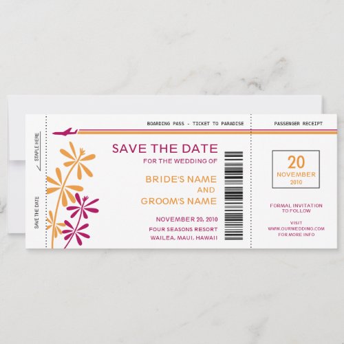 Tropical Boarding Pass Save the Date Invitations