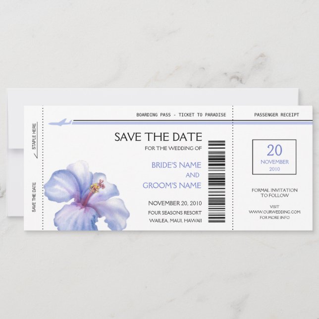 Tropical Boarding Pass Save the Date Invitations (Front)