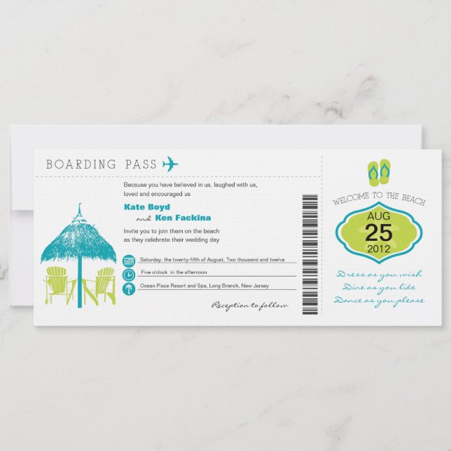Tropical Boarding Pass Wedding Invitation (Front)