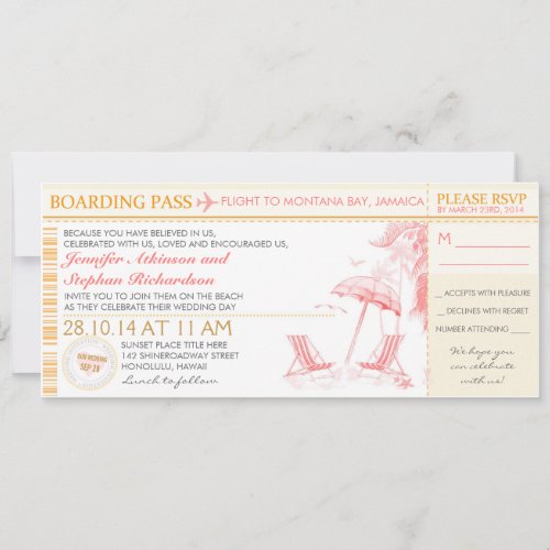 tropical boarding pass _ wedding invitation  RSVP