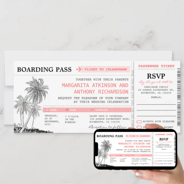 tropical boarding pass wedding tickets with RSVP Invitation | Zazzle