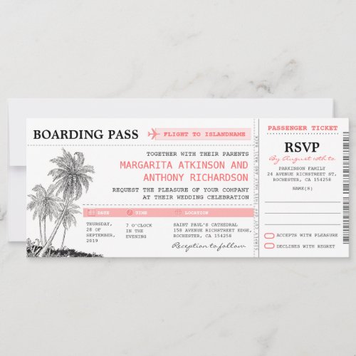 tropical boarding pass wedding tickets with RSVP Invitation