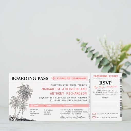 tropical boarding pass wedding tickets with RSVP Invitation | Zazzle