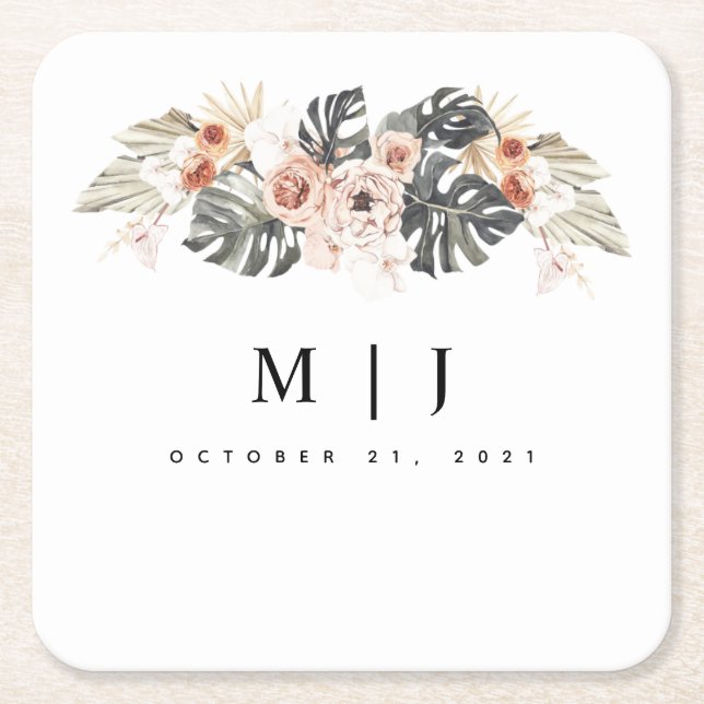 Tropical Bohemian Dried Palm Leaf Wedding Square Paper Coaster (Front)