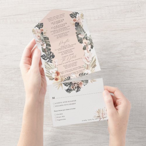 Tropical Bohemian Floral Pale Blush Wedding All In All In One Invitation