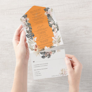 Tropical Bohemian Floral Papaya Orange Wedding All In One Invitation