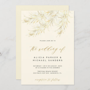 Tropical bohemian gold pampas grass wedding invitation