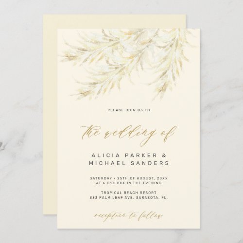 Tropical bohemian gold pampas grass wedding invitation