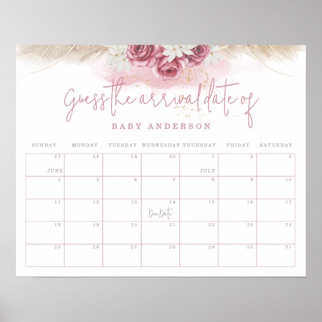 Tropical Boho Baby Shower Guess The Arrival Date Poster (Front)